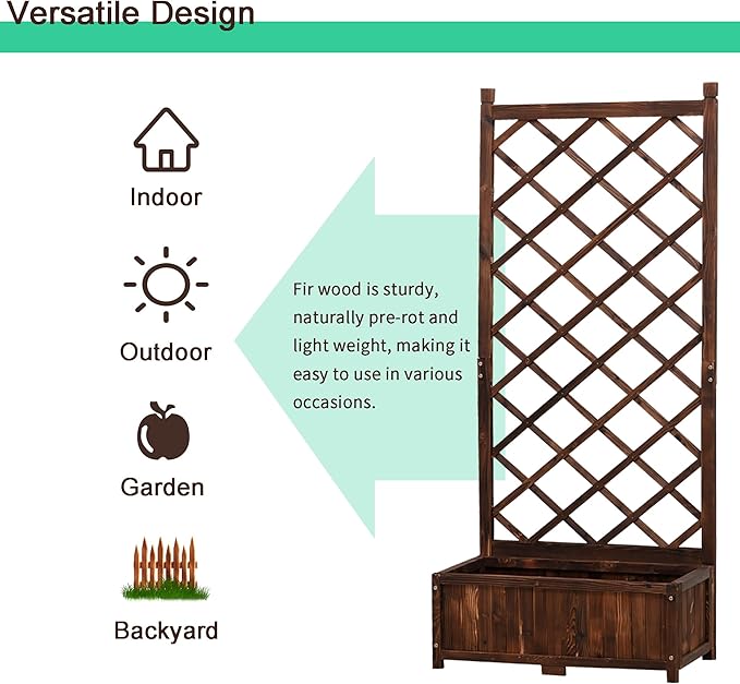 Anraja Raised Garden Bed Planter with Trellis Outdoor Wood Box 67in Set of 2 Flower Standing Planter Box Privacy Lattice Panels with Legs for Patio Porch w/Drainage Holes 29.5" L x 17.0" W x 67.0" H Anraja