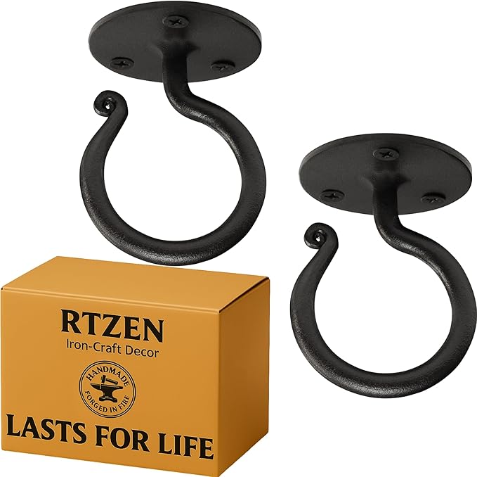 RTZEN Plant Hangers Indoor or Outdoor - Wrought Iron Metal Hanger Indoor Hook - Heavy Duty Wall Bracket Hooks for Hanging Plants Baskets Lanterns Wind Chimes - 2 Pack (Large Black Ceiling Hooks) RTZEN