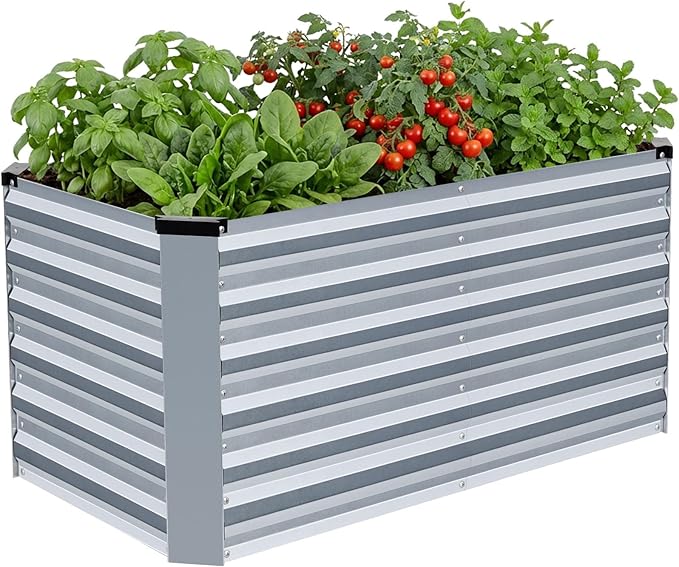 INNO STAGE 4x2x2ft Galvanized Raised Garden Bed, Raised Garden Bed Kit-Metal Planter Box Outdoor, Planting for Vegetables, Fruits, Herbs, Flowers, Silver INNOSTAGE