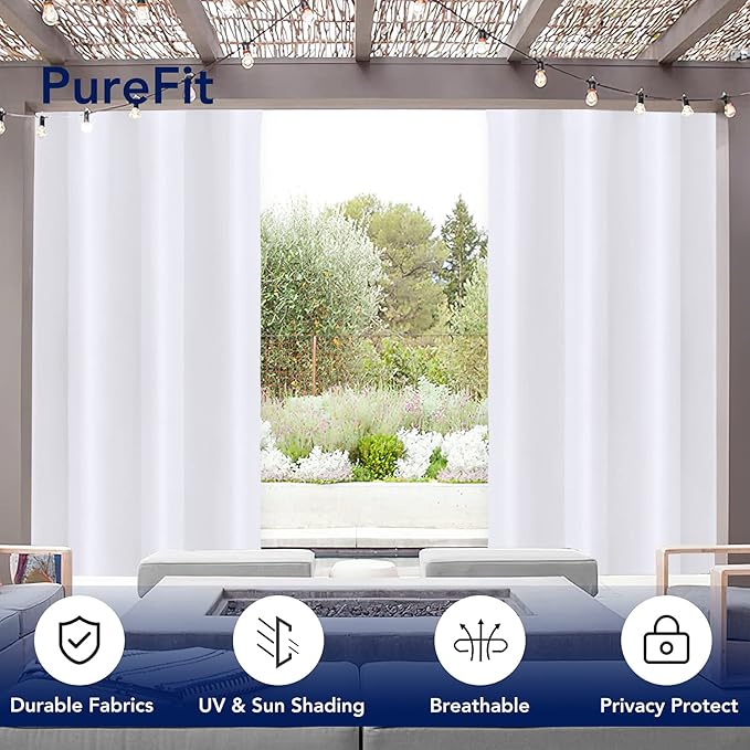 PureFit Outdoor Curtains for Patio Waterproof Weatherproof, UV Resistant Outside Curtains for Gazebo, Front Porch, Pergola, Sun Blocking Privacy Curtain, 52W x 84L inch, 1 Panel, White PureFit