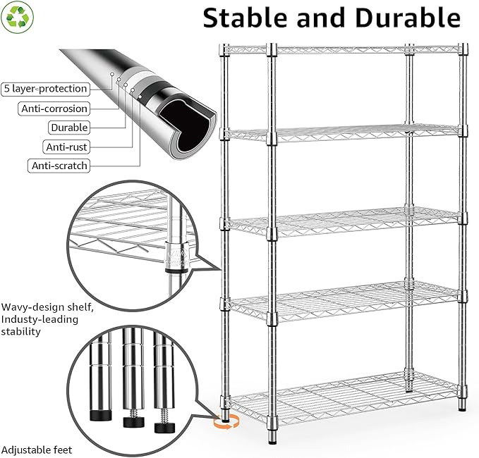 1250 lbs Steel Heavy Duty 5-Tier Utility Shelving Unit Steel Organizer Wire Rack for Home,Kitchen,Office,Chrome (13.7" D x 23.6" W x 62.4" H) MEIGAOPLASTICANDMETALHKCOLIMITED
