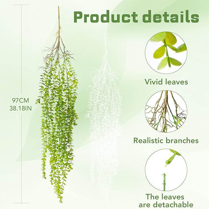 2 Pack Fake Hanging Plants, Artificial Hanging Eucalyptus Plants Greenery Vines UV Resistant Faux Trailing Plants for Indoor Outdoor Wall Shelf Porch Boho Home Patio Decor (2PCS Dark Green) dallisten