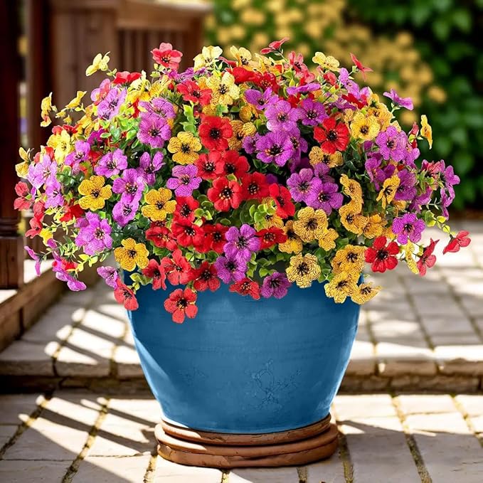 Artificial Flowers Outdoor Fake Plants, Faux Silk Flowers Plastic Plants for Outdoors Indoor Outside Front Porch Hanging Planter Window Box Garden Home Spring Decoration, 14 Pack (Mix) Powbrace