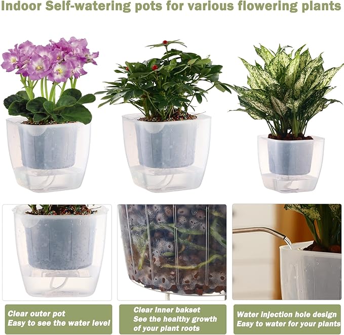 6-Pack 7 Inches Clear Self Watering Planters for Indoor Plants Large African Violet Plant Pots Plastic Wick Flower Pots with Water Injection Hole, Orchid Plant Pot Set, Clear Planterhoma