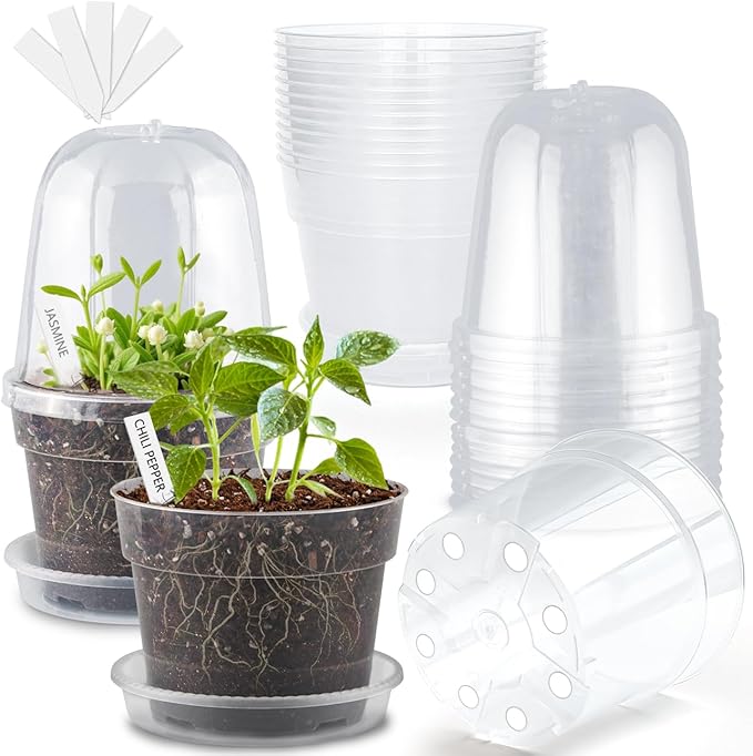 BTPLASTIK 6 Inch Clear Nursery Pots with Humidity Domes 15 Pack, Transparent Plastic Plant Pot with Drainage Holes and Saucers, Seed Starter Pots with 15 Pcs Plant Labels and 15 Pcs Soil Screens BTPLASTIK