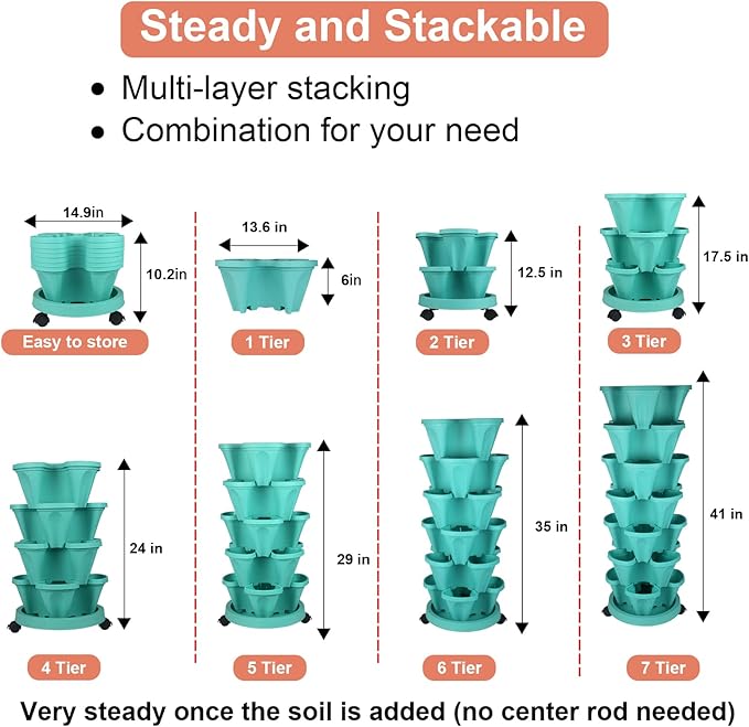 GameXcel Vertical Planter 7 Tier Stackable Planters Garden Planters Strawberry Herb Flower and Vegetable Planter Indoor Outdoor Gardening Pots with Removable Wheels and Tools-Teal 2 Pack GameXcel