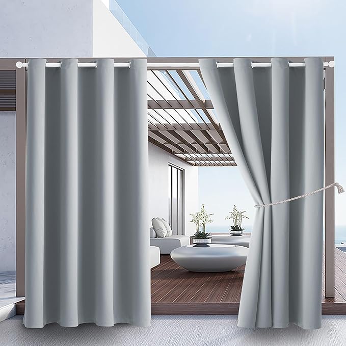 Waterproof Outdoor Curtain W52 x L63 - Grommet Top Sunlight Blocking Window Treatment Drapes Blackout Curtains for Home Bedroom Living Room Outdoor Patio Porch Pergola (Light Gray, 2 Panels) DivaenCamino