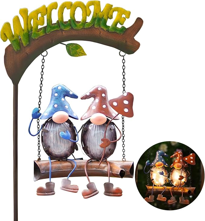 HONGLAND Gnomes Garden Decor Solar Lights, 48 Inch Welcome Sign Swing Yard Decorations Outdoor Decorative Stake for Lawn Porch Backyard Patio, Gnome Gardening Gifts for Women Mom HONGLAND
