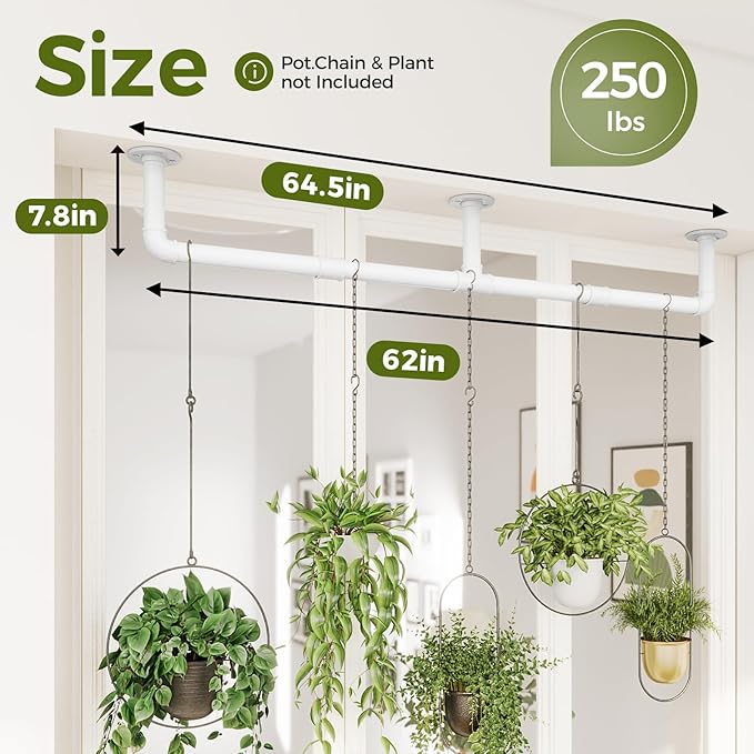 Bamworld Window Plant Hanger Indoor 63in Hanging Planters for Indoor Plants Hanging Plants Holder Hanging Rod Window Plant Shelves Wall Planters Pot/Chain/Plant Not Included (White) Bamworld