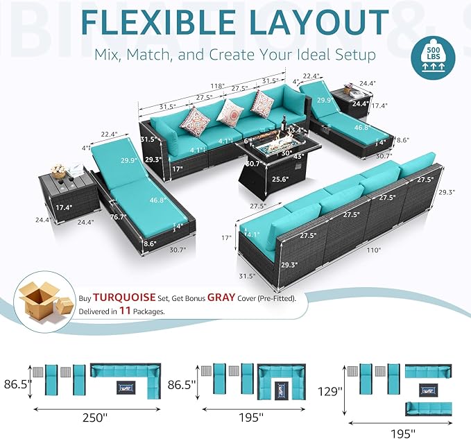 NICESOUL 13-Piece Patio Furniture Set with Fire Pit, High-End Big Group Outdoor Patio Set with Fire Pit & Chaise Lounge, Wicker 29.3'' High Back Sofa Deep Sitting, Grey & Turquoise NICESOUL