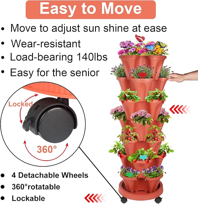 DUNCHATY Stackable Planter Vertical Strawberry Planter with Garen Tool Set Self Watering Garden Planter Indoor/Outdoor 7 Tier Garden Tower Herb Planter for Growing Vegetables and Succulents Clay Red DUNCHATY