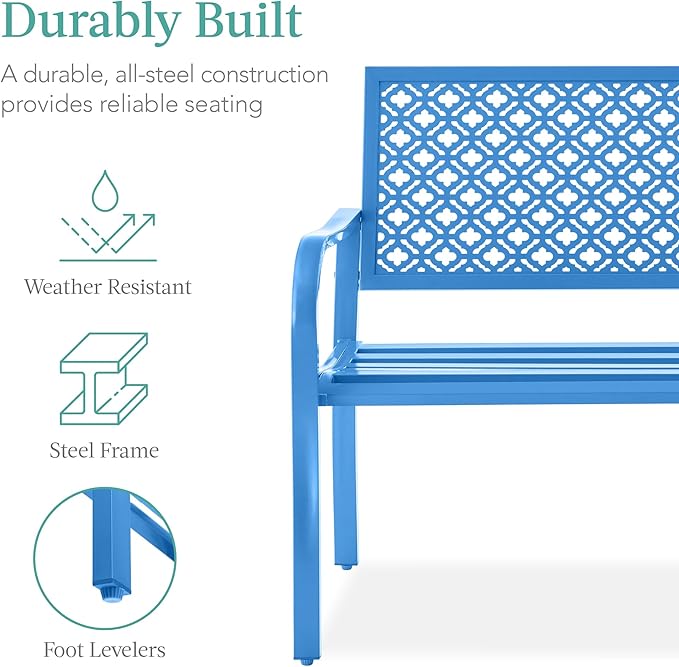 Best Choice Products Outdoor Bench 2-Person Metal Steel Benches Furniture for Garden, Patio, Porch, Entryway w/Geometric Backrest, 790lb Capacity - Ocean Blue BestChoiceProducts