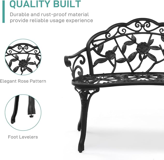 VINGLI 38.5" Patio Park Garden Outdoor Metal Rose Bench, 2-Person Cast Iron Cast Aluminium Frame Antique Finish Chair,Accented Lawn Front Porch Path Yard Decor Deck Furniture (Black, Rose) VINGLI