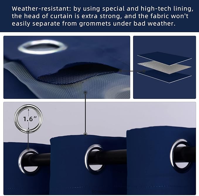 Water Proof Outside Curtains with Grommet Top for Porch, W52 x L132 Thermal Insulated Washable Light Block Outdoor Divider Drapes for Patio Gazebo Deck Pool Area Pergola Cabana (Navy) DivaenCamino