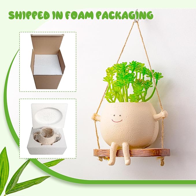 Domensi 2 Pcs Swing Hanging Planter Cute Smile Flower Face Pot Indoor Outdoor Pots for Succulent String of Pearls Plants Plant Ideal Gifts for Christmas Birthday(Swing Spherical,Medium) Domensi