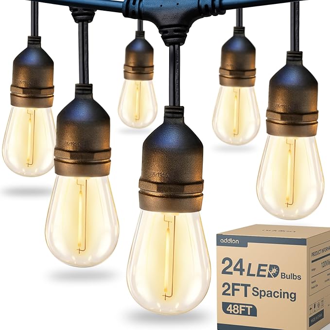 addlon 48FT LED Outdoor String Lights with 25 Edison Vintage Shatterproof Bulbs and Commercial Grade Weatherproof Strand - ETL Listed Heavy-Duty Decorative Lights for Patio Garden addlon