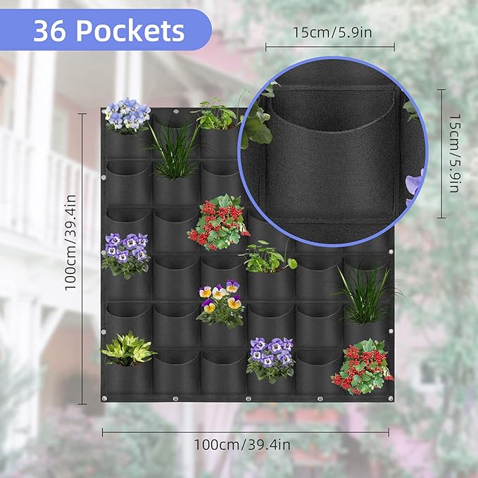 36 Pockets Hanging Planter Bags, Hanging Vertical Wall Mounted Plant Planting Grow Bags, Herb Garden Planter Outdoor Indoor Growing Bag, Gardening Vertical Greening Flower Container(1m×1m, Black) Pehciroe