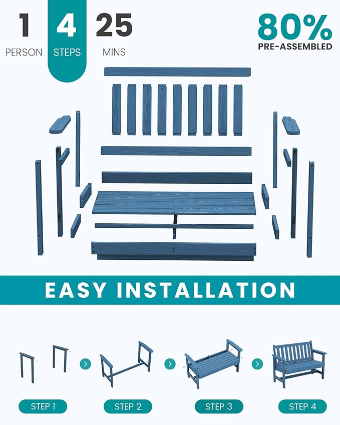 SERWALL Outdoor Bench, HDPE Outdoor Benches Weatherproof, 2-Person Garden Bench with 660 lbs Weight Capacity, Patio Benches for Outdoors, Garden, Porch, Backyard and Park, Navy, 6 Pack SERWALL