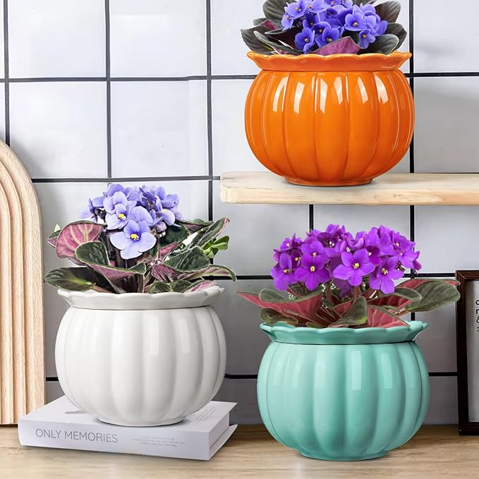 BUYMAX African Violet Pots, Halloween Pumpkin Plant Pots Ceramic Easy Self Watering Plant Pot for Busy Plant Lovers, Automatically Absorb Appropriate Amount of Water, Flower Pot Indoor BUYMAX