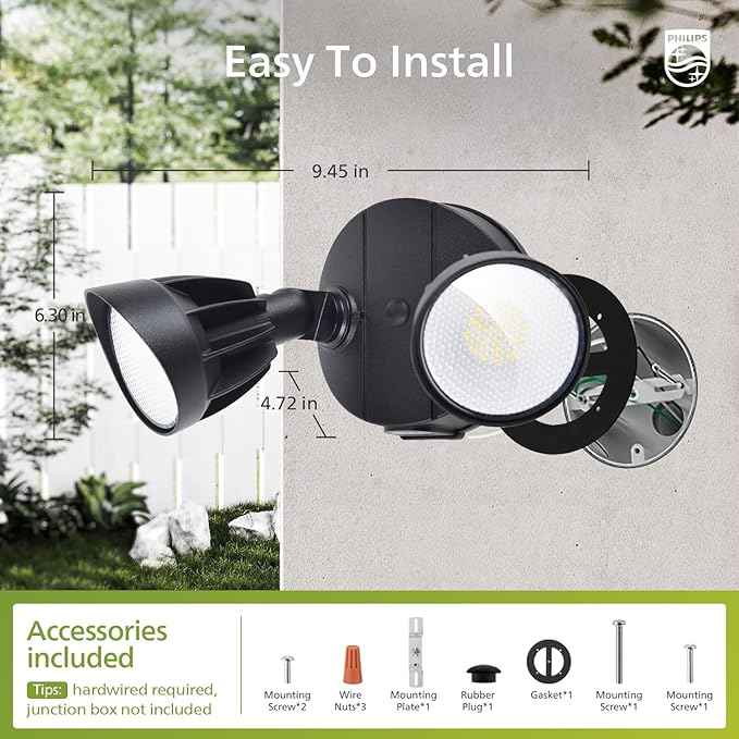 Philips 44W 3500LM ‌LED Security Flood Light‌ ‌Outdoor‌，Switch Controlled Aluminum ‌Security Light‌, 2 Adjustable Heads，5000K Daylight，Wet Location for Patio, Garden, Yard Lights PhilipsLightingLED