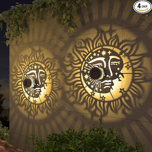 4 Pack Solar Fence Lights Metal Solar Powered Outdoor Wall Deck Step Lights Sun Moon Theme Waterproof Fence Light for Garden Post Patio Backyard Yard Decor, Gardening Gifts for Women Mom Grandma gardencave