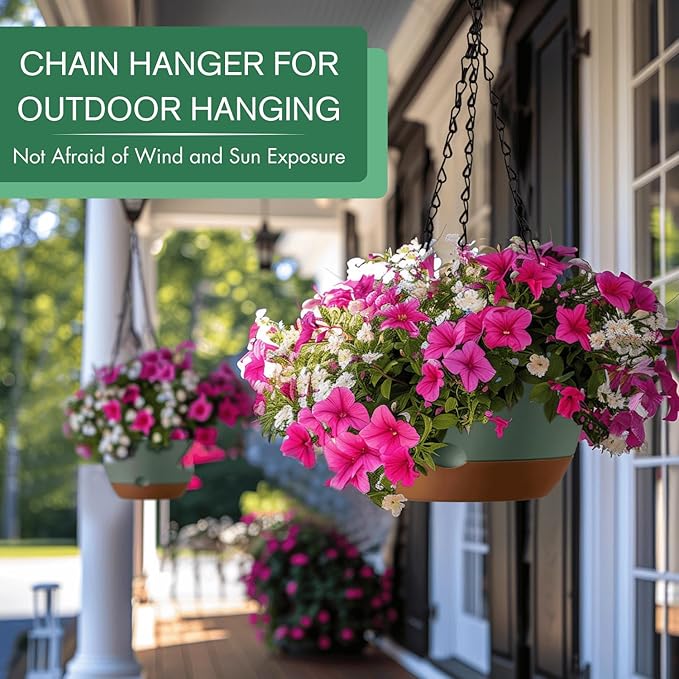 Set of 2-8 Inch Hanging Planters for Indoor Plants with Self-Watering Includes Hanging Pots for Plants, Outdoor Hanging Plant Pot with Drainage, and 2 Types of Hanging Baskets Hangers (Green) Montresor
