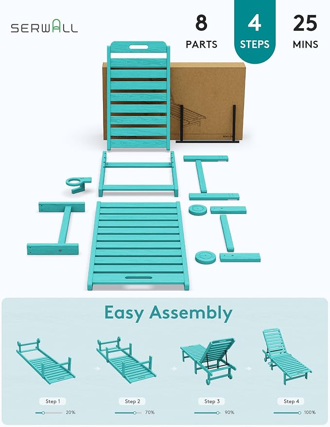 SERWALL Outdoor Chaise Lounge Set of 4, 78" Patio Lounge Chair with 5 Positions Adjustable Backrest, HDPE Lounger with Rolling Wheels & Cup Holder for Poolside, Beach, Garden, Aruba SERWALL