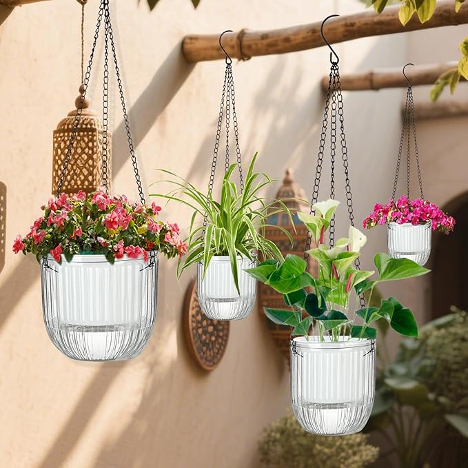 Self-Watering Hanging Planter for Indoor Plants - Easy Care, Long Lasting - Perfect for Herbs, Succulents, and More (White Transparent) Rootora