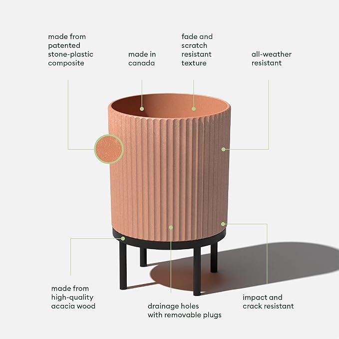 Veradek Demi Series Round Planter w/Stand for Porch/Patio | Durable Plastic-Stone Composite & Wooden Stand | Modern Décor for Tall Plants, Flowers VeradekOutdoor