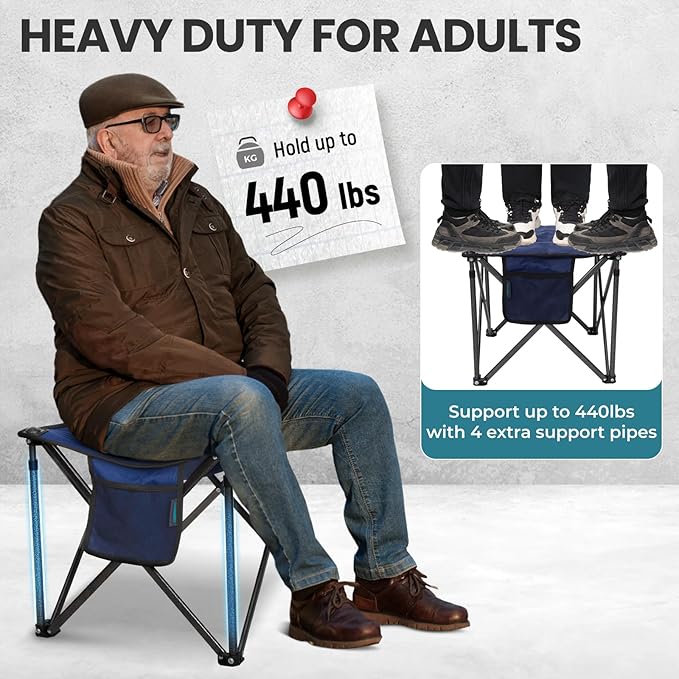 FUNDANGO Oversized Camping Stool for Adults,Thick Padded 18.1 Inch Folding Ottoman Foot Rest, 440 Lbs Heavy Duty Outdoor Camp Chairs with Anti-Slip Foots & Carry Bag for Fishing Travel (Blue) FUNDANGO