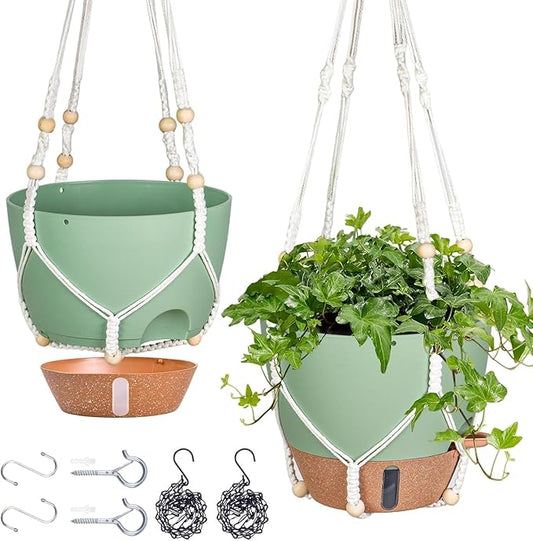 10 Inch Hanging Planters for Indoor Plants, 2 Pack Self Watering Hanging Baskets Flower Pots with Drainage Hole, Visual Reservoir & 2 Kinds of Plant Hanger for Home Decor Fielda