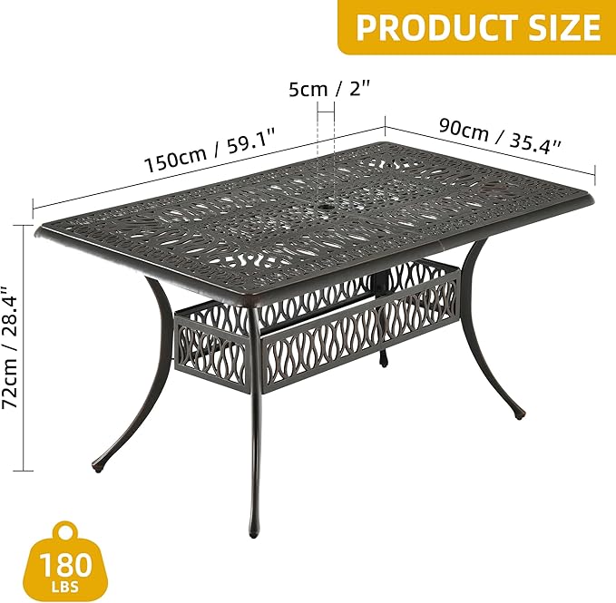 DWVO Cast Aluminum Outdoor Dining Table, 59'' Patio Table w/Max Bearing 220 LBS, Patio Dining Table with 2" Umbrella Hole and Adjustable Foot Pads for Garden, Backyard, Deck and Patio, Bronze DWVO