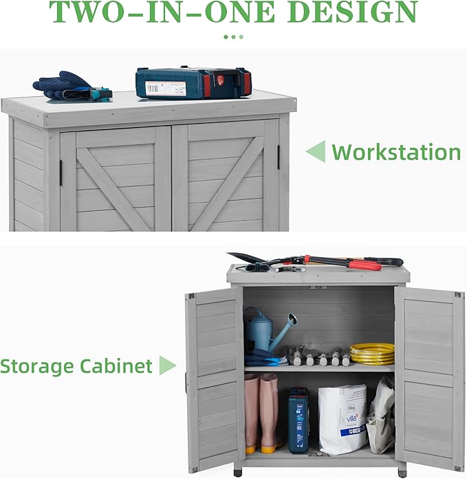 Outdoor Potting Bench with Storage Cabinet and Metal Top, Wood Workstation for Outdoor Patio, Garden (Classic Grey, 31x17x36‘’) Wood-Natrl