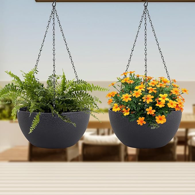 10 inch Hanging Planters for Indoor Outdoor Plants, 2 Pack Hanging Flower Pots with Drainage Holes and Chain for Garden Porch, Round Plastic Hanging Baskets for House Plants, Black Meowell