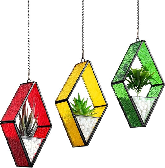 Yaomiao 3 Pcs Stained Glass Hanging Plant Terrariums Hanging Glass Planter Small Geometric Terrarium Air Plant Terrarium with Chain for Succulent Moss Holders Garden Wall Windowsill (Bright Color) Yaomiao