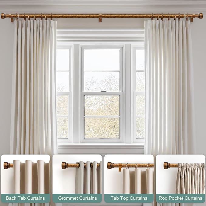2 Pack Retro Gold Curtain Rods Set for Windows 48 to 84 Inches Adjustable Length Heavy Duty 1" Diameter Window Curtain Rod with Decorative Finials for Outdoor Bedroom Kitchen Living Room Farmhouse Rootora