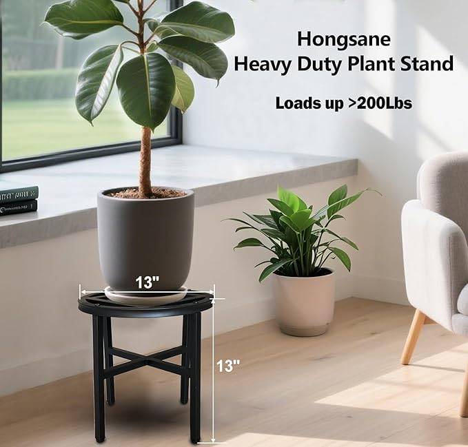 Plant Stand Indoor Outdoor,13 Inch Tall Metal Plant Stands Riser,Heavy Duty Wrought Iron Pedestal Holders for Large Flower Pot,Outside Rust-Proof Black Flower Display Shelf for Patio,1-Pack Hongsane