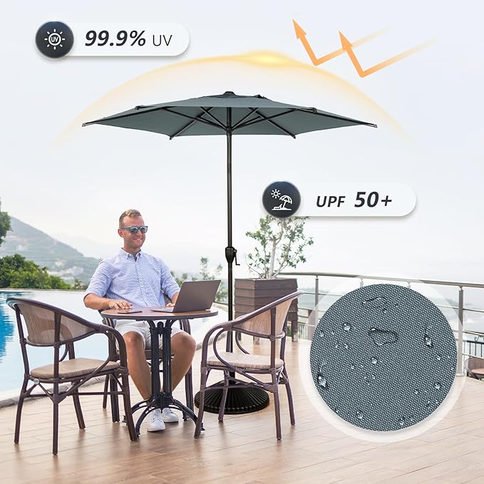 Abba Patio 7.5FT Lyon Outdoor Patio Umbrella Outdoor Table Umbrella with Push Button Tilt and Crank Market Umbrella 6 Sturdy Ribs UV Protection Waterproof for Garden Deck Backyard Pool Grey AbbaPatio