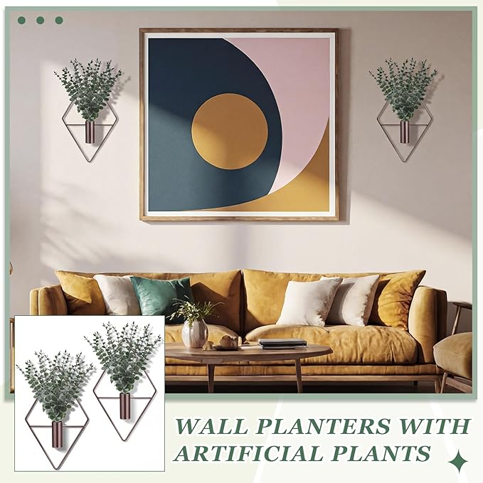 Jexine 4 Pcs Hanging Planters with Artificial Eucalyptus Metal Hanging Vase Indoor Plants Holder Modern Geometric Boho Bathroom Wall Decor for Living Room Home Office, Bronze Jexine