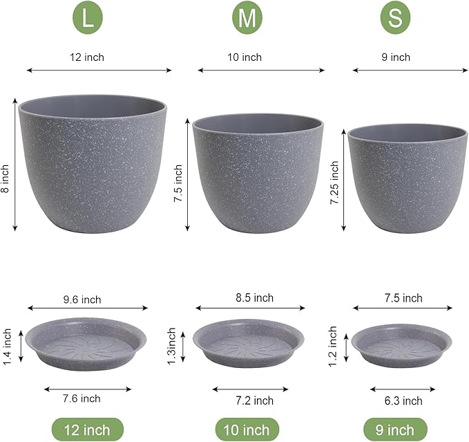 12/10/9 inch Large Plant Pots, 3 Pack Modern Decorative Plastic Planters with Drainage Holes and Saucer for House Garden Plants, Flower Pots for Indoor Outdoor Plants, Speckled Grey WSMKSZ