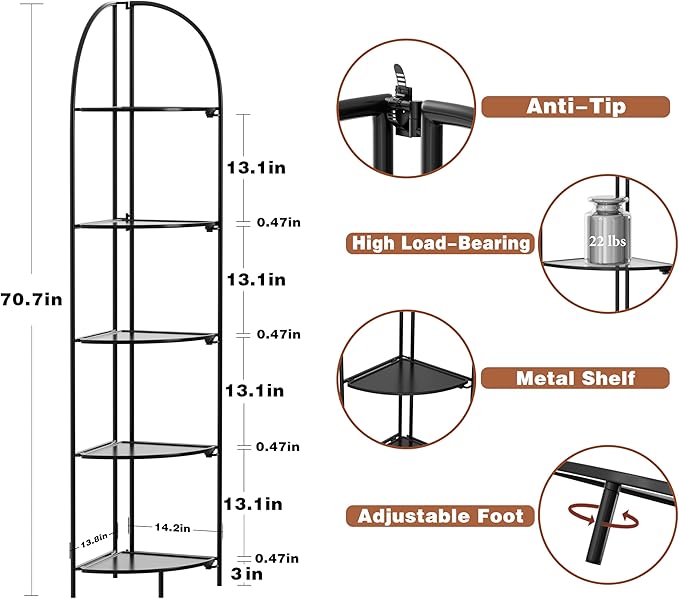Crofy Foldable 5 Tier Corner Shelf, Metal Corner Plant Stand with Black Frame and Black Shelves, Corner Display Rack Multipurpose Shelving Unit for Living Room, Bedroom, Bathroom CrofyLLC