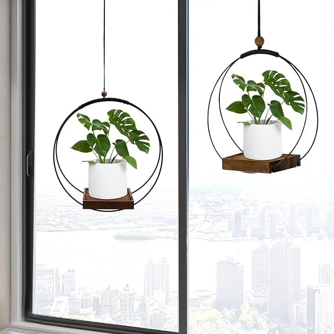 2 Pack Hanging Planter for Indoor Plants, Black Plant Hanger with Sturdy Wood Base, Modern Boho Macrame Hanger, Wall Ceiling Window Planter (Plants/Pots Not Included) hismocal
