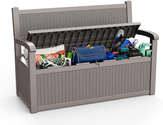 80 Gallon Outdoor Storage Bench Deck Box Waterproof Lockable,Outdoor Storage Furniture for Patio,Garden and Porch,Tools and Cushions（ Grey） OutdoorLivingPerfected