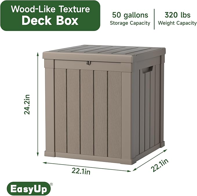 EasyUp 50 Gallon Outdoor Storage Box, Resin Waterproof UV-Resistant Deck Box, Reinforced Stability for Patio, Garden, and Poolside, Striped Gray EASYUP