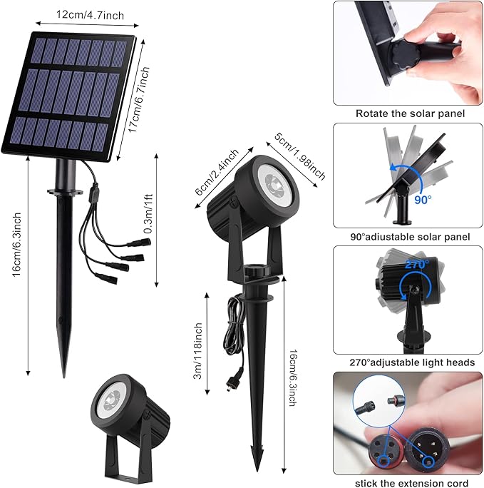 T-SUNUS Solar Christmas Spotlight Outdoor Warm White 3000K, 4-in-1 Spot Lights IP65 Waterproof 9.8ft Cable 5W Separated Panel, Auto On/Off for Garden Flag Tree Patio Yard Driveway Pathway Halloween T-SUNUSLighting