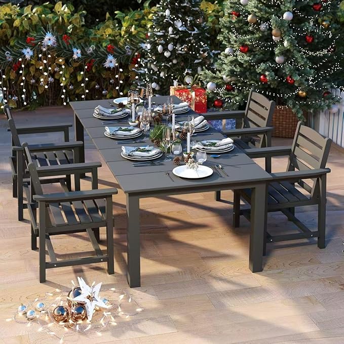 5-Piece Black Outdoor Dining Set with White 11FT Large Patio Umbrella, 75.2'' HDPE Table & Chairs for 8, Weather-Resistant Furniture with Umbrella Hole for Patio, Lawn, Poolside PatioKingdom