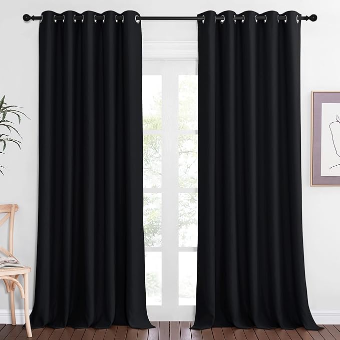 NICETOWN Black Blackout Living Room Curtain 102 inches Long, Grommet Thermal Insulated Cold/Light/Sound Blocking Window Drape for Bedroom/French Door (W66 x L102, 1 Panel) NICETOWN