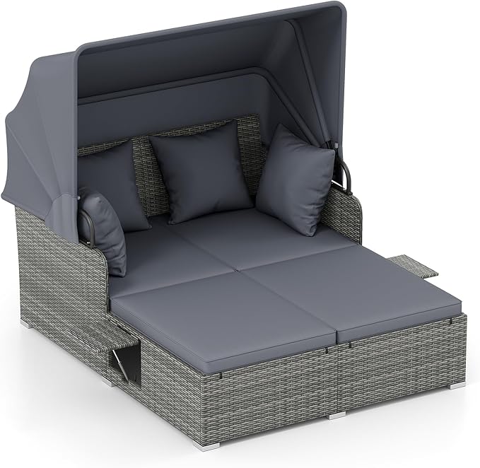 Tangkula Patio Rattan Daybed with Retractable Canopy, Outdoor Wicker Sunbed Lounger with 2 Foldable Side Tables, Thick Seat & Back Cushions, Outside Double Daybed for Garden, Backyard, Porch, Grey TANGKULA