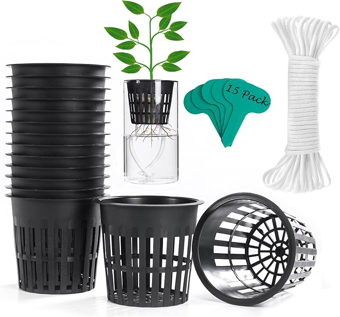 ORIMERC 4 inch 15 Pack Net Cups Pots, with 15 feet Self Watering Rope, 15 Plant Labels, for Hydroponics Aquaponics Kratky Orchid Vegetable Indoor Outdoor Growing Baskets Nursery Slotted Mesh BPA Free OrimercGarden