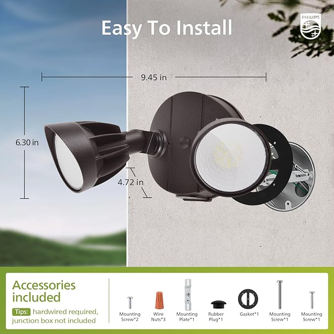 Philips 44W 3500LM ‌LED Security Flood Light‌ ‌Outdoor‌，Switch Controlled Aluminum ‌Security Light‌, 2 Adjustable Heads，5000K Daylight，Wet Location for Patio, Garden, Yard Lights PhilipsLightingLED